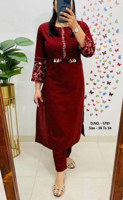 Premium Cotton Slub/Flex (Khadi) Embroidered Co-ord Set with Long Kurti & Pant