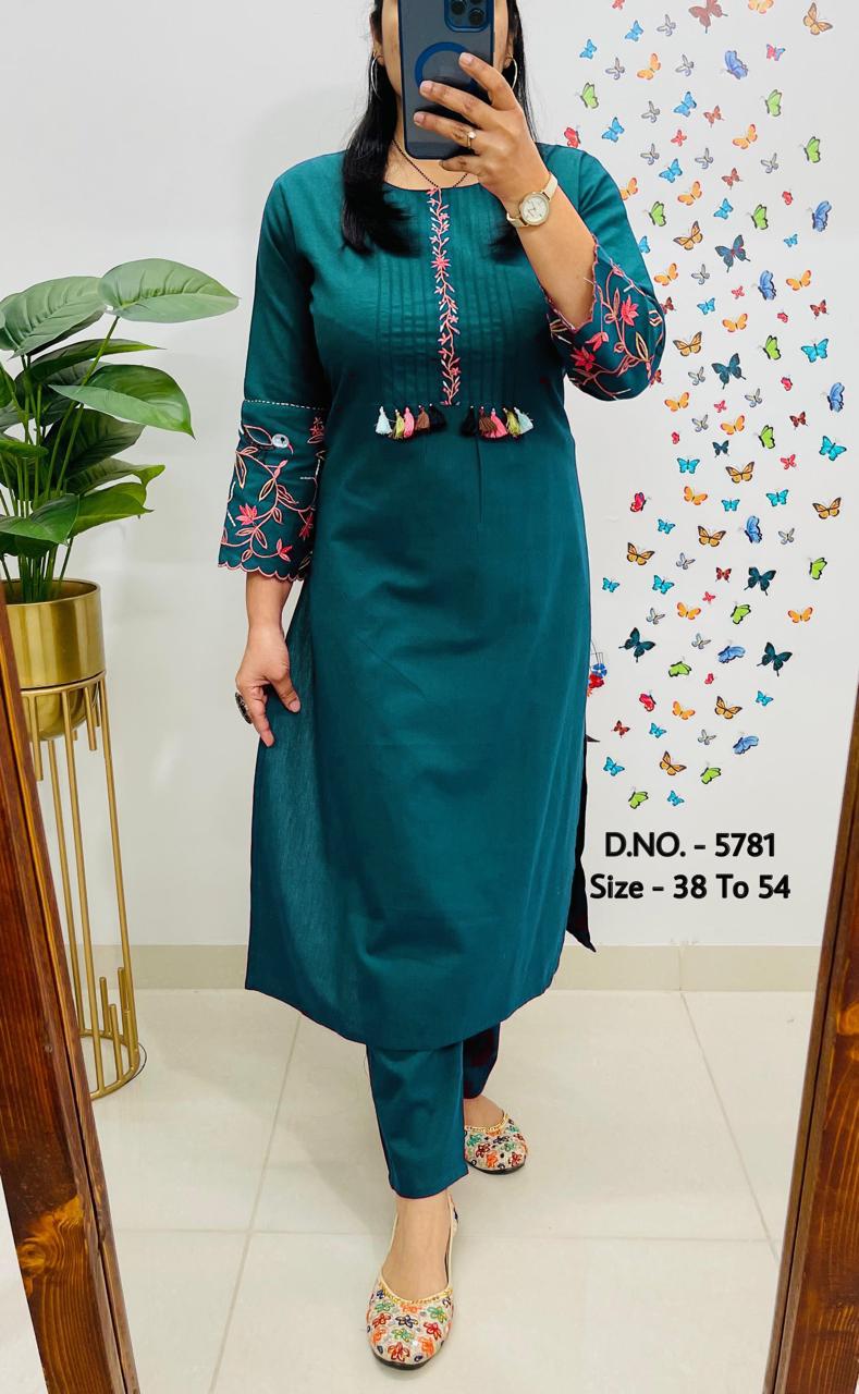 Premium Cotton Slub/Flex (Khadi) Embroidered Co-ord Set with Long Kurti & Pant