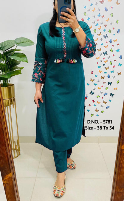 Premium Cotton Slub/Flex (Khadi) Embroidered Co-ord Set with Long Kurti & Pant
