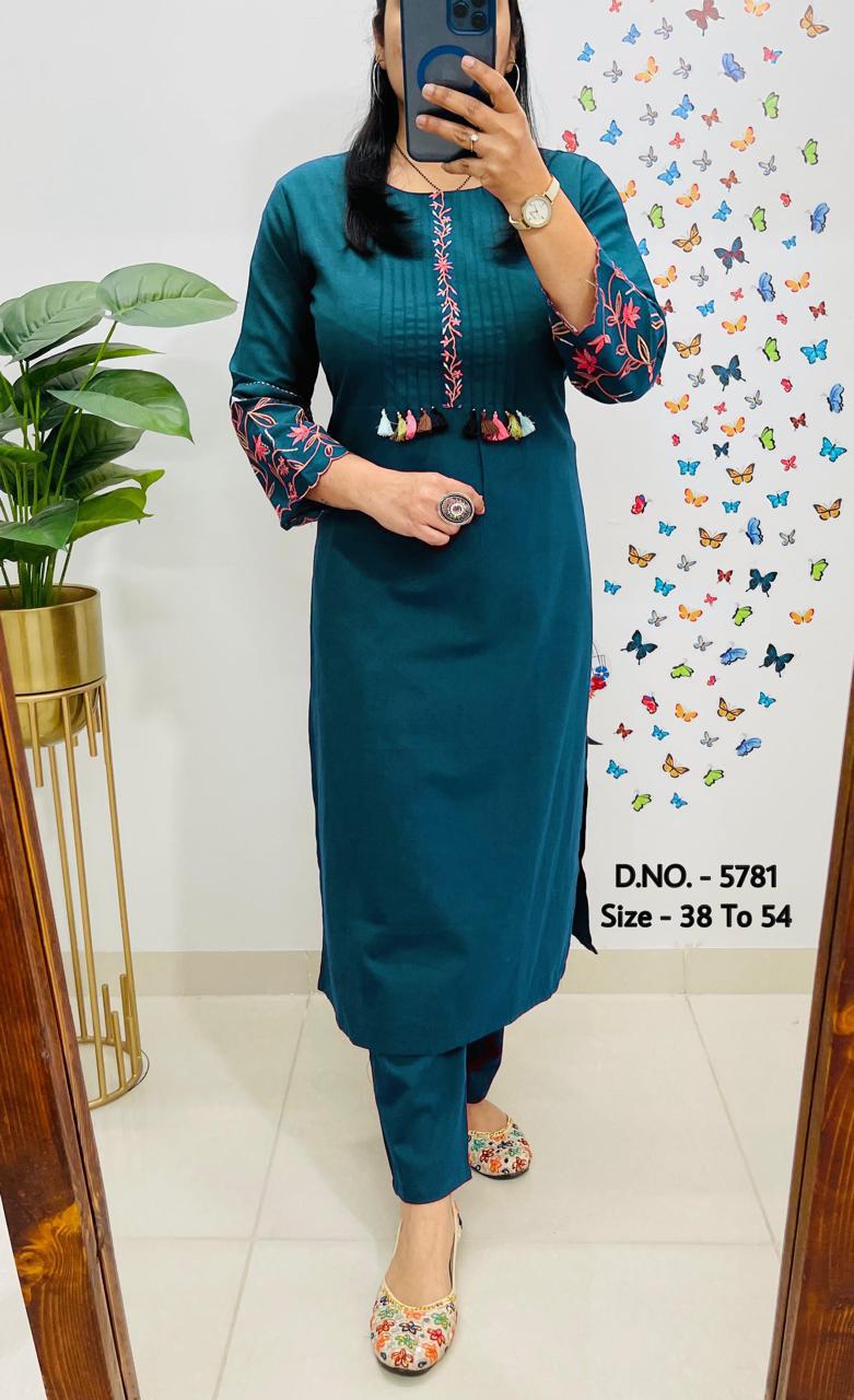 Premium Cotton Slub/Flex (Khadi) Embroidered Co-ord Set with Long Kurti & Pant