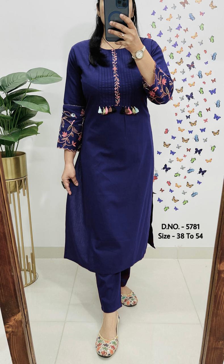 Premium Cotton Slub/Flex (Khadi) Embroidered Co-ord Set with Long Kurti & Pant