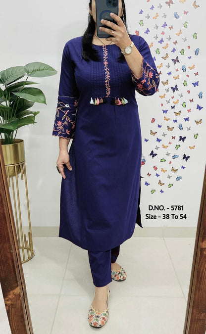 Premium Cotton Slub/Flex (Khadi) Embroidered Co-ord Set with Long Kurti & Pant