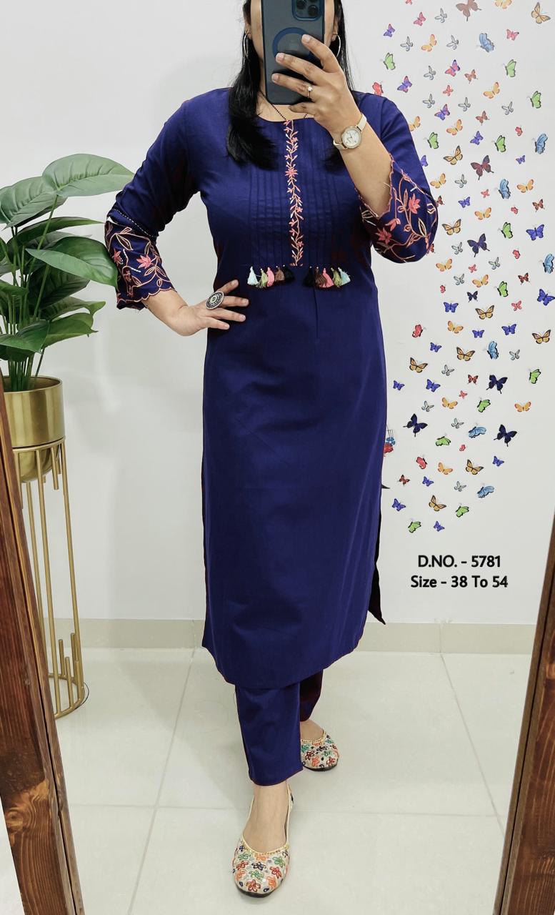 Premium Cotton Slub/Flex (Khadi) Embroidered Co-ord Set with Long Kurti & Pant