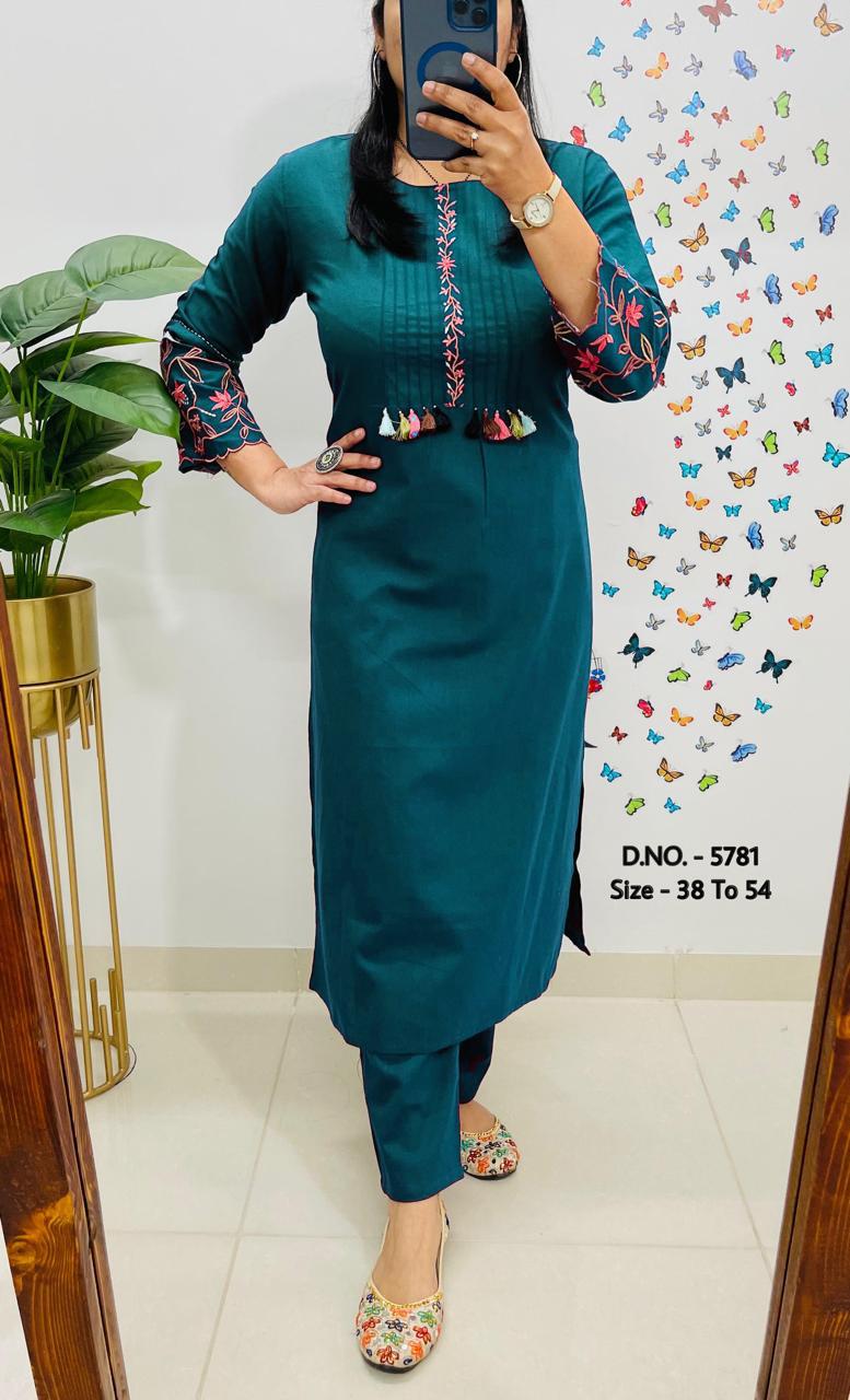 Premium Cotton Slub/Flex (Khadi) Embroidered Co-ord Set with Long Kurti & Pant