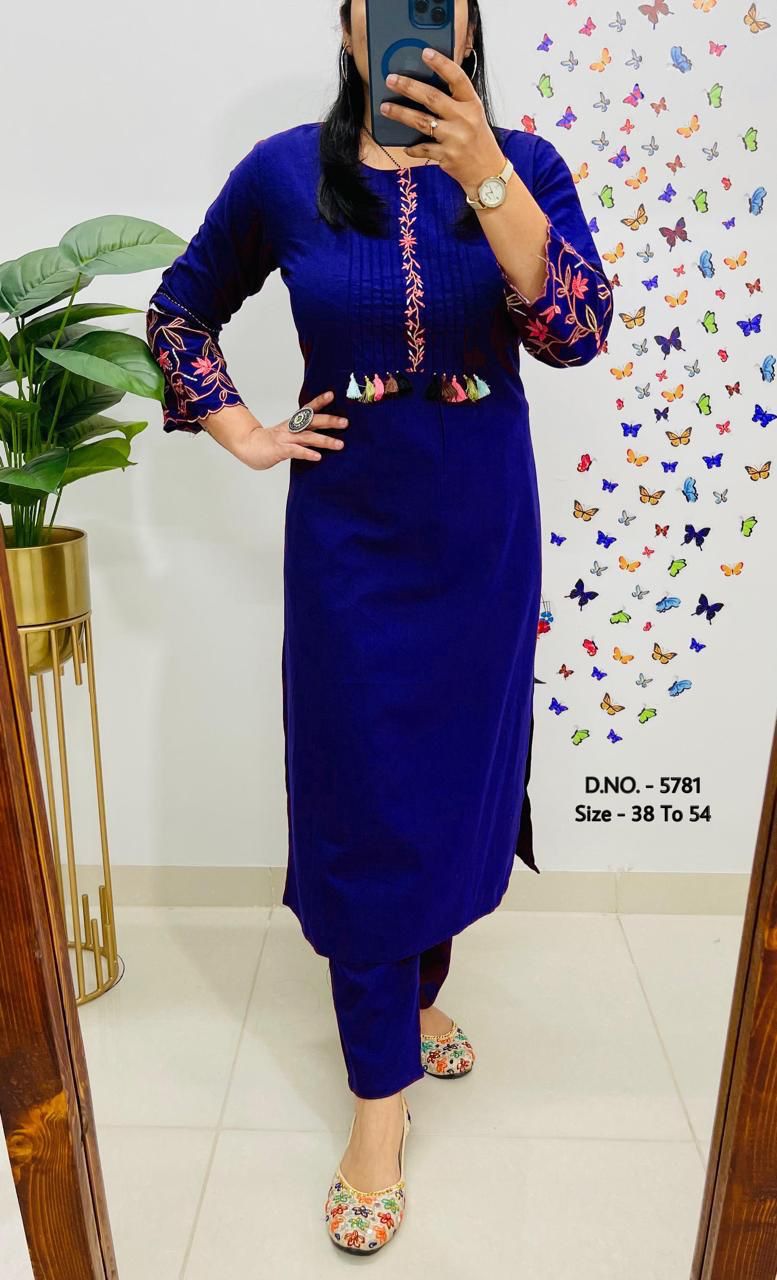 Premium Cotton Slub/Flex (Khadi) Embroidered Co-ord Set with Long Kurti & Pant