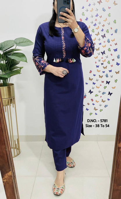 Premium Cotton Slub/Flex (Khadi) Embroidered Co-ord Set with Long Kurti & Pant