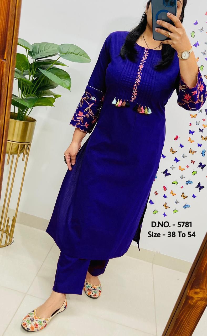 Premium Cotton Slub/Flex (Khadi) Embroidered Co-ord Set with Long Kurti & Pant