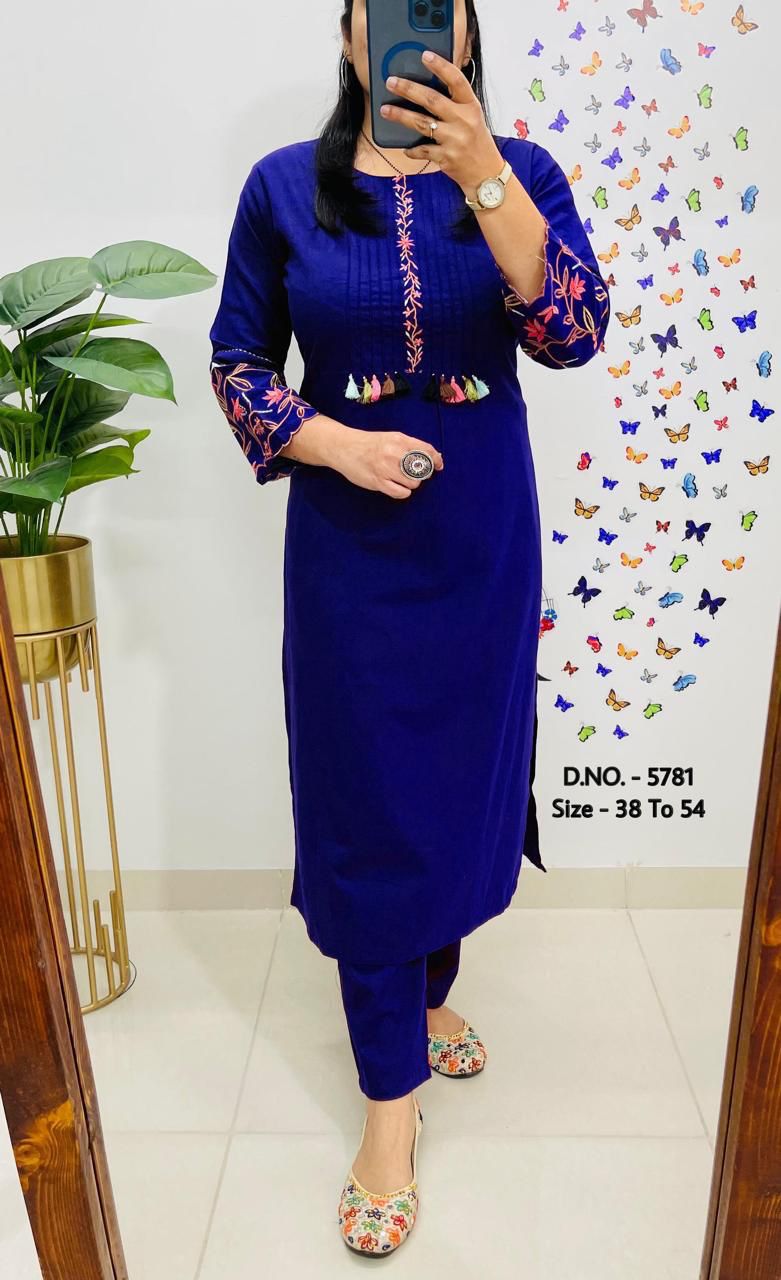 Premium Cotton Slub/Flex (Khadi) Embroidered Co-ord Set with Long Kurti & Pant