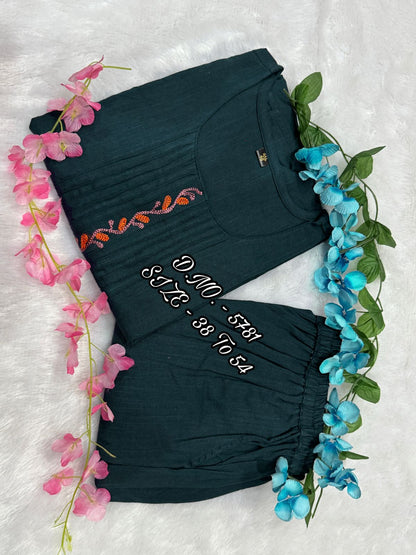 Premium Cotton Slub/Flex (Khadi) Embroidered Co-ord Set with Long Kurti & Pant