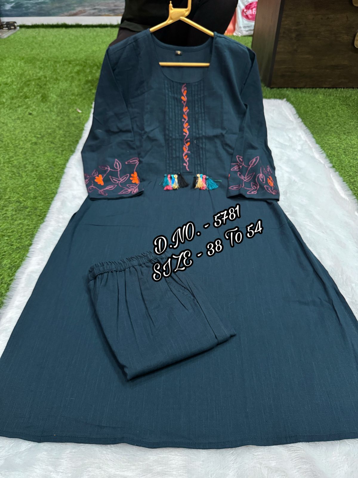 Premium Cotton Slub/Flex (Khadi) Embroidered Co-ord Set with Long Kurti & Pant