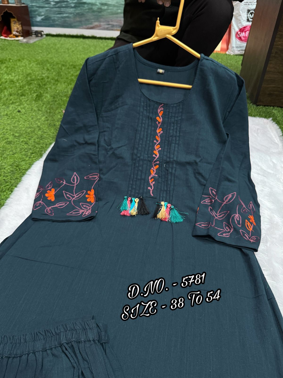Premium Cotton Slub/Flex (Khadi) Embroidered Co-ord Set with Long Kurti & Pant