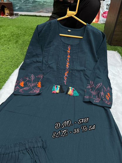 Premium Cotton Slub/Flex (Khadi) Embroidered Co-ord Set with Long Kurti & Pant