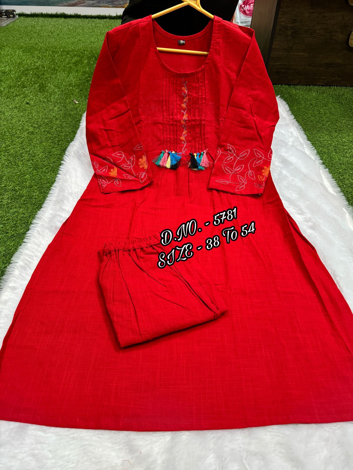 Premium Cotton Slub/Flex (Khadi) Embroidered Co-ord Set with Long Kurti & Pant