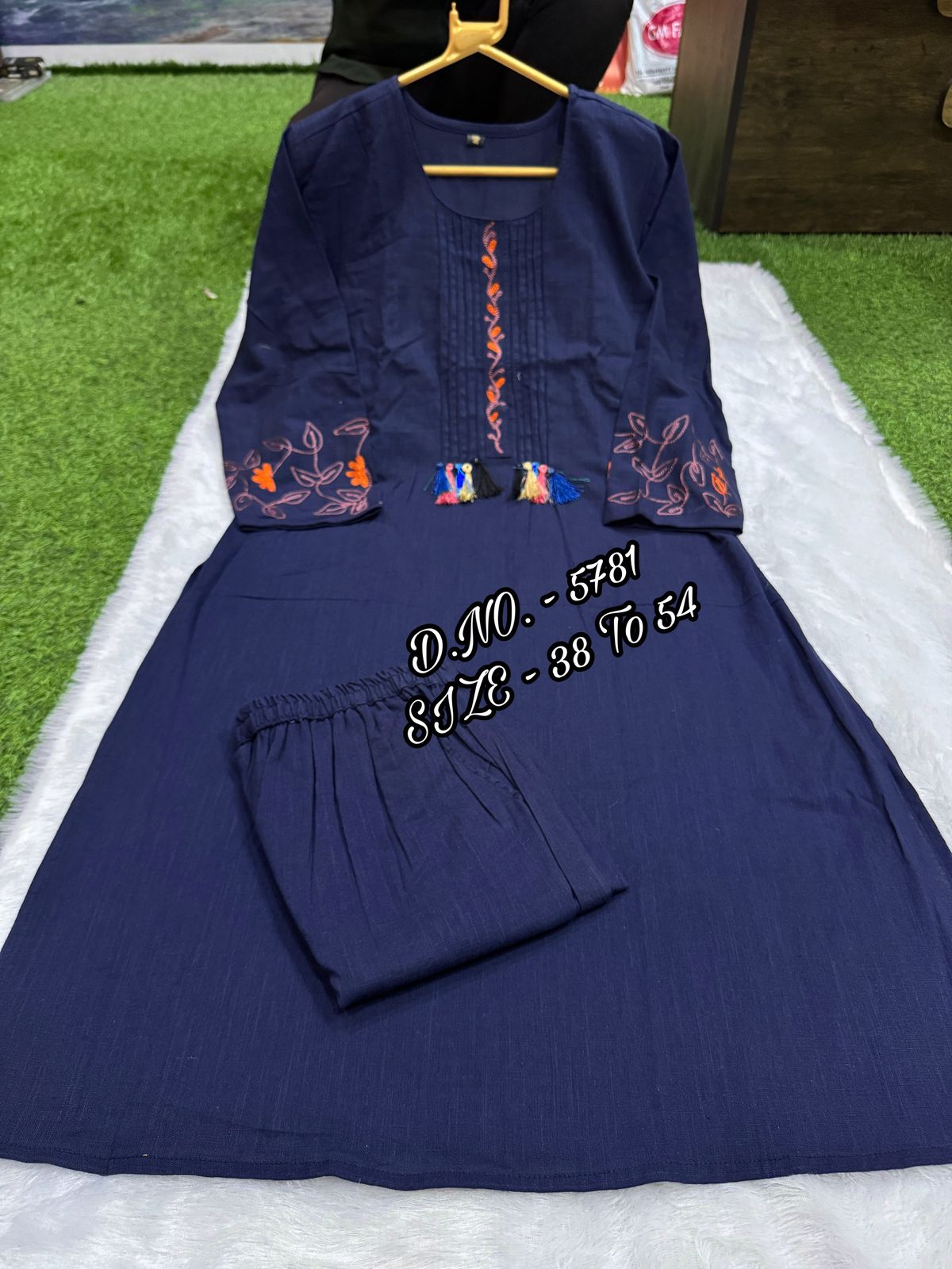 Premium Cotton Slub/Flex (Khadi) Embroidered Co-ord Set with Long Kurti & Pant