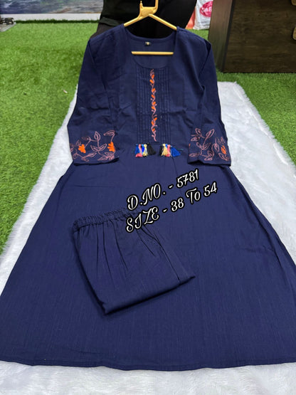 Premium Cotton Slub/Flex (Khadi) Embroidered Co-ord Set with Long Kurti & Pant