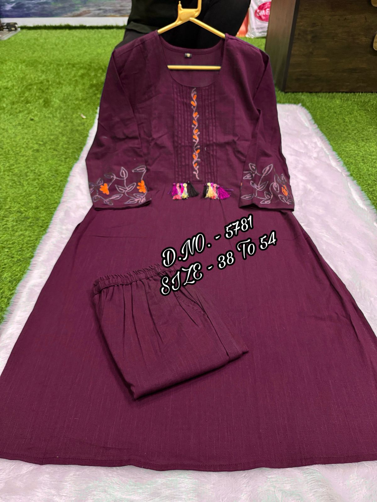Premium Cotton Slub/Flex (Khadi) Embroidered Co-ord Set with Long Kurti & Pant