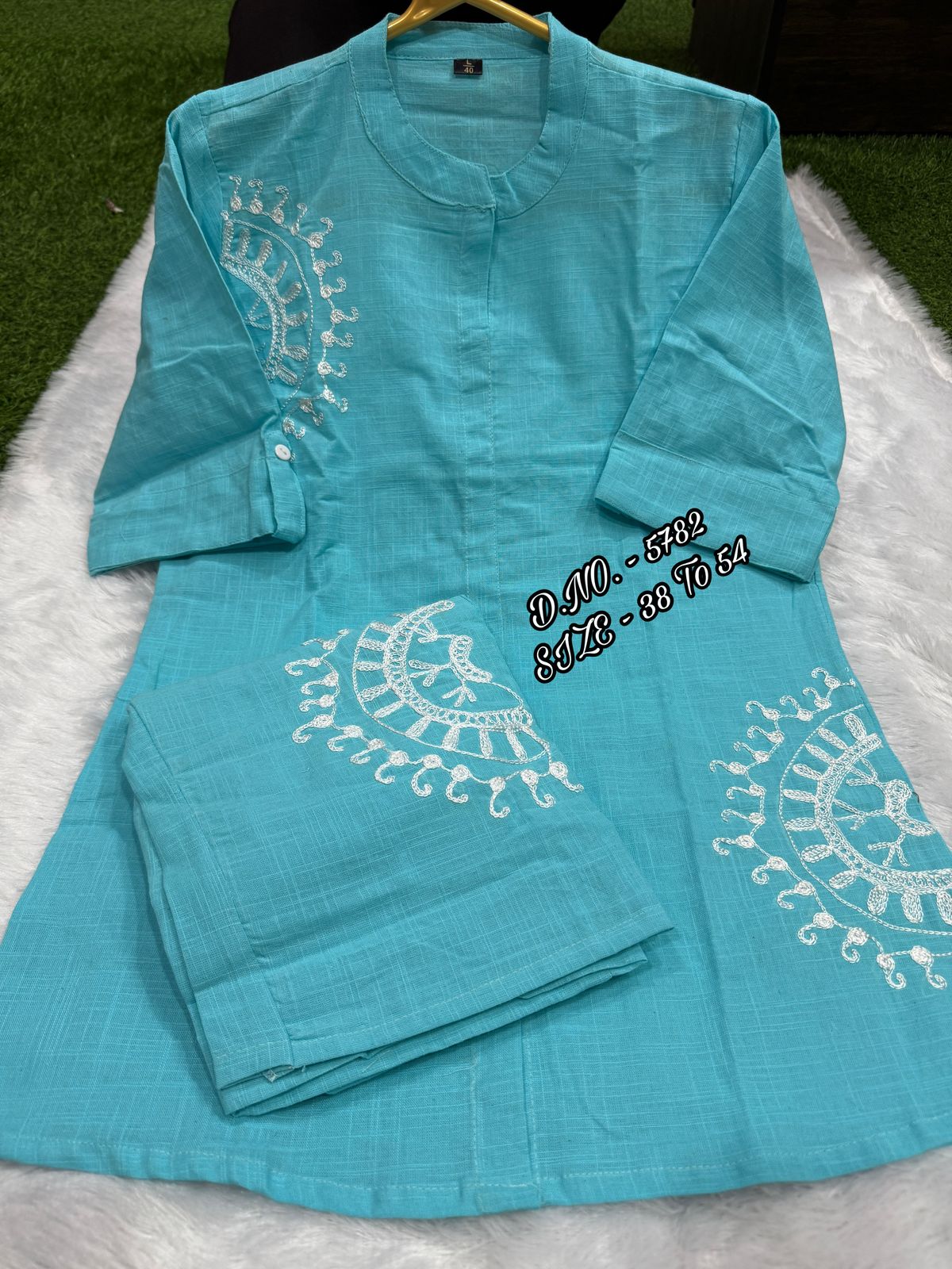 Premium Cotton Slub/Flex (Khadi) Short Shirt Co-ord Set with Hand Aari Embroidery