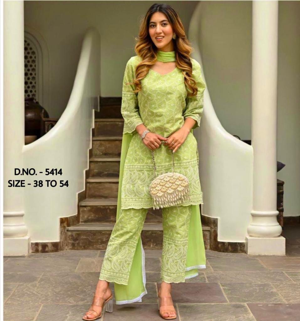 Heavy Chicken Sequence Work Suit Set with Kurti, Pant & Chiffon Dupatta