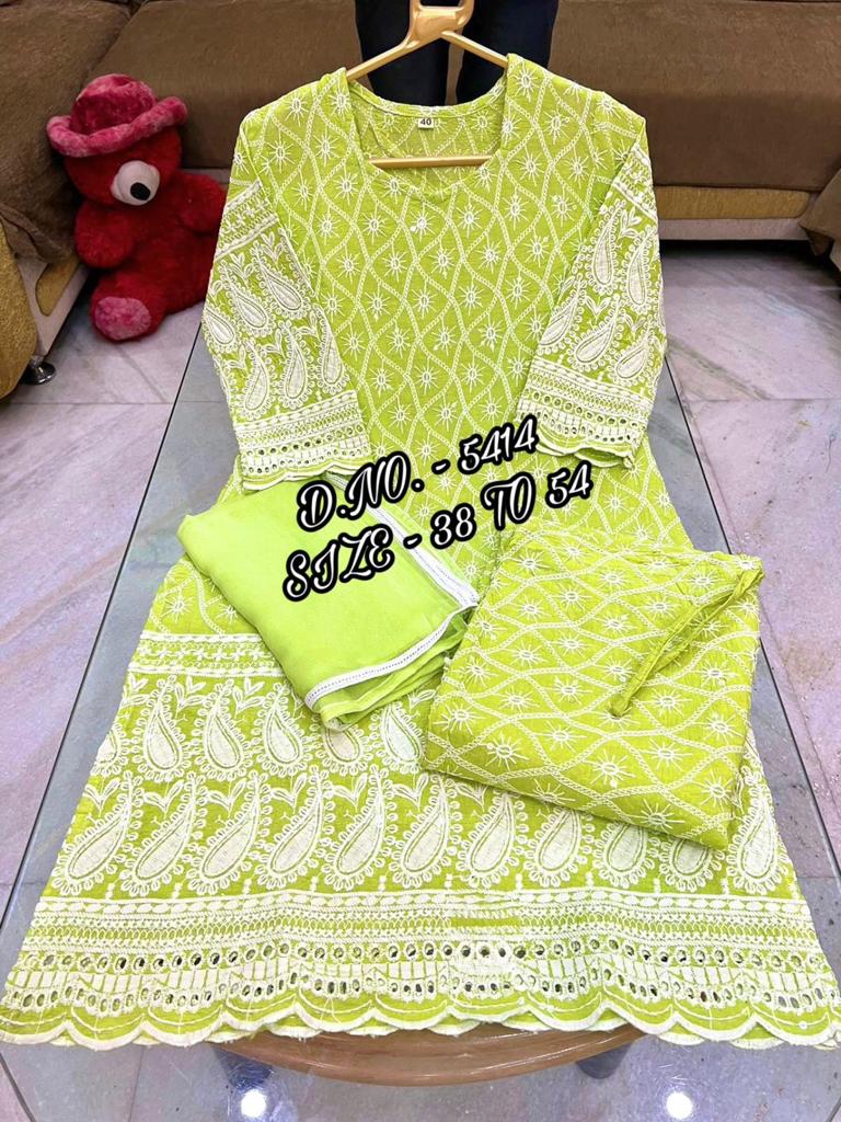 Heavy Chicken Sequence Work Suit Set with Kurti, Pant & Chiffon Dupatta