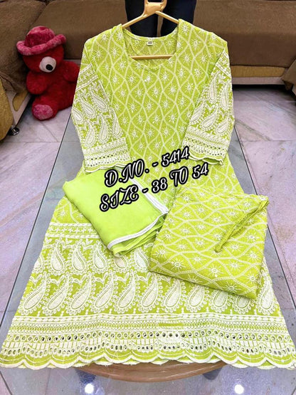 Heavy Chicken Sequence Work Suit Set with Kurti, Pant & Chiffon Dupatta