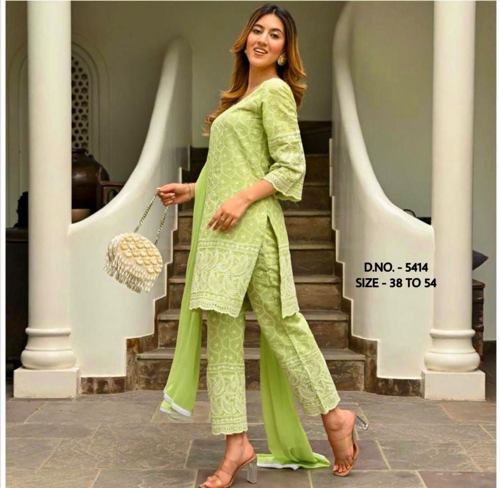 Heavy Chicken Sequence Work Suit Set with Kurti, Pant & Chiffon Dupatta