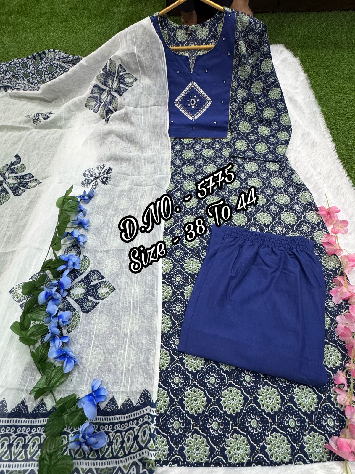 Bandhej Printed Cotton Cambric Embroidered Suit Set with Mulmul Dupatta