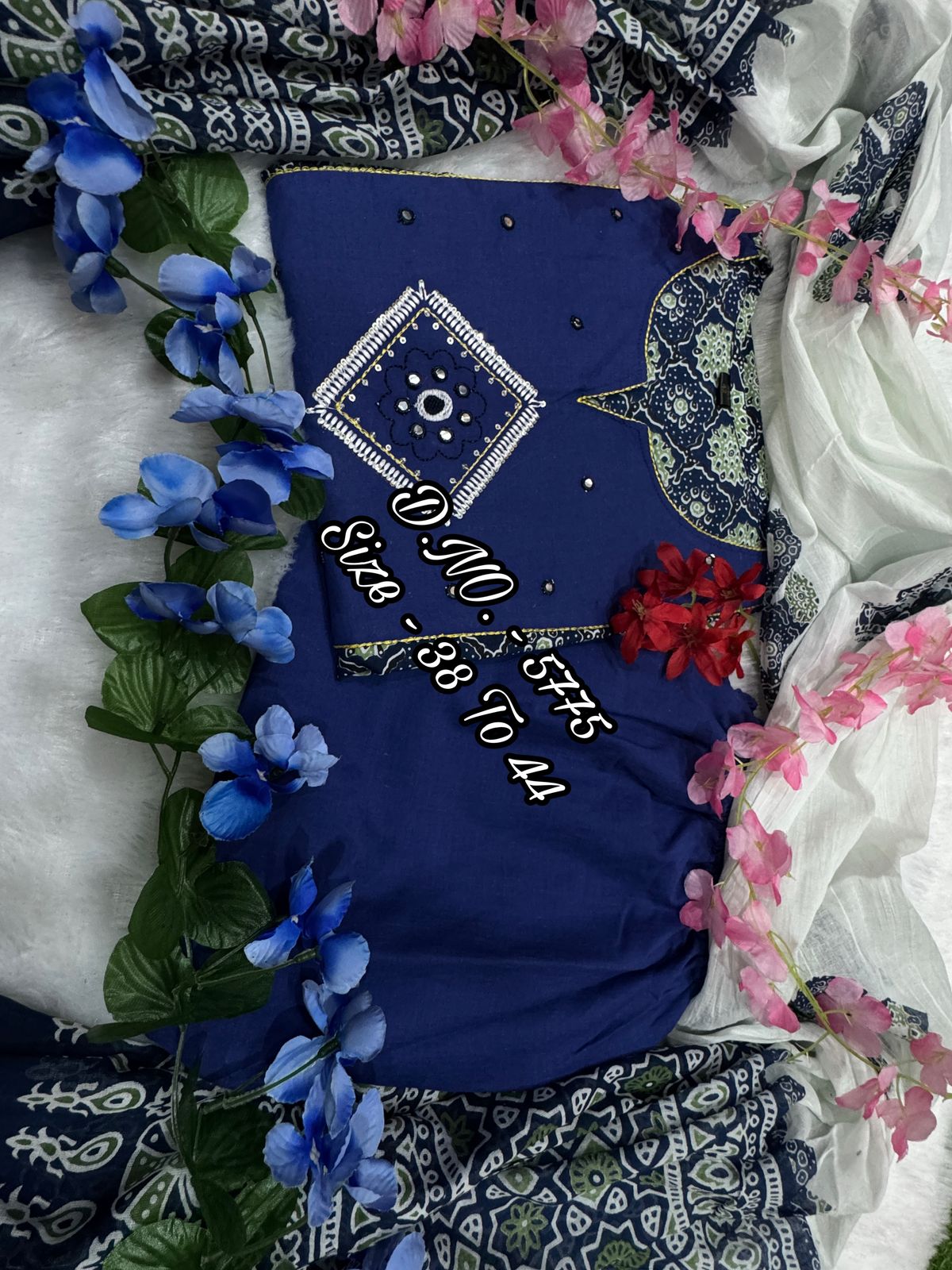 Bandhej Printed Cotton Cambric Embroidered Suit Set with Mulmul Dupatta