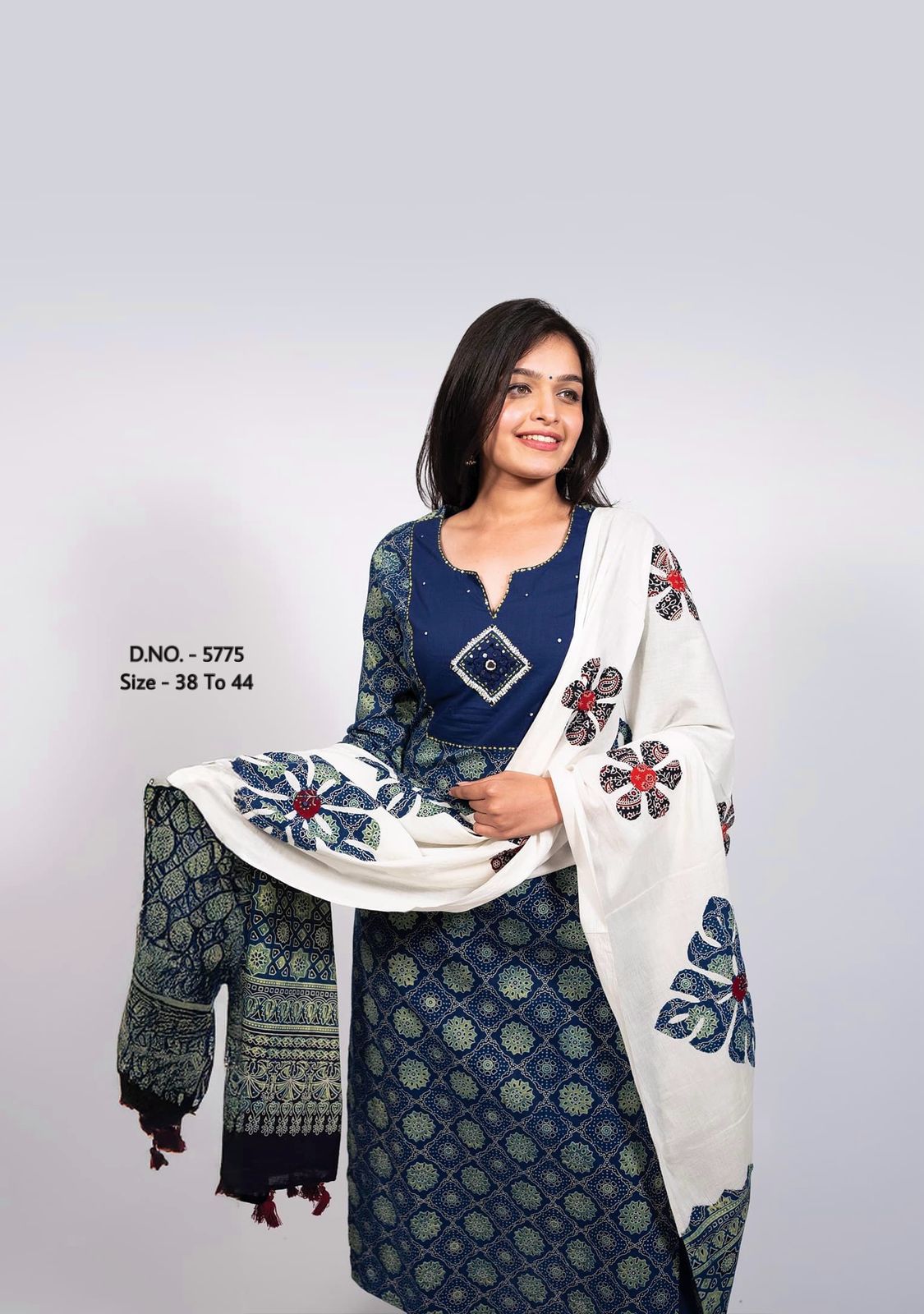 Bandhej Printed Cotton Cambric Embroidered Suit Set with Mulmul Dupatta