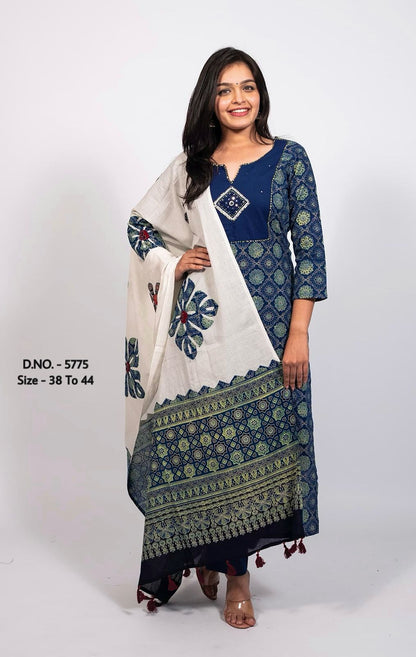 Bandhej Printed Cotton Cambric Embroidered Suit Set with Mulmul Dupatta