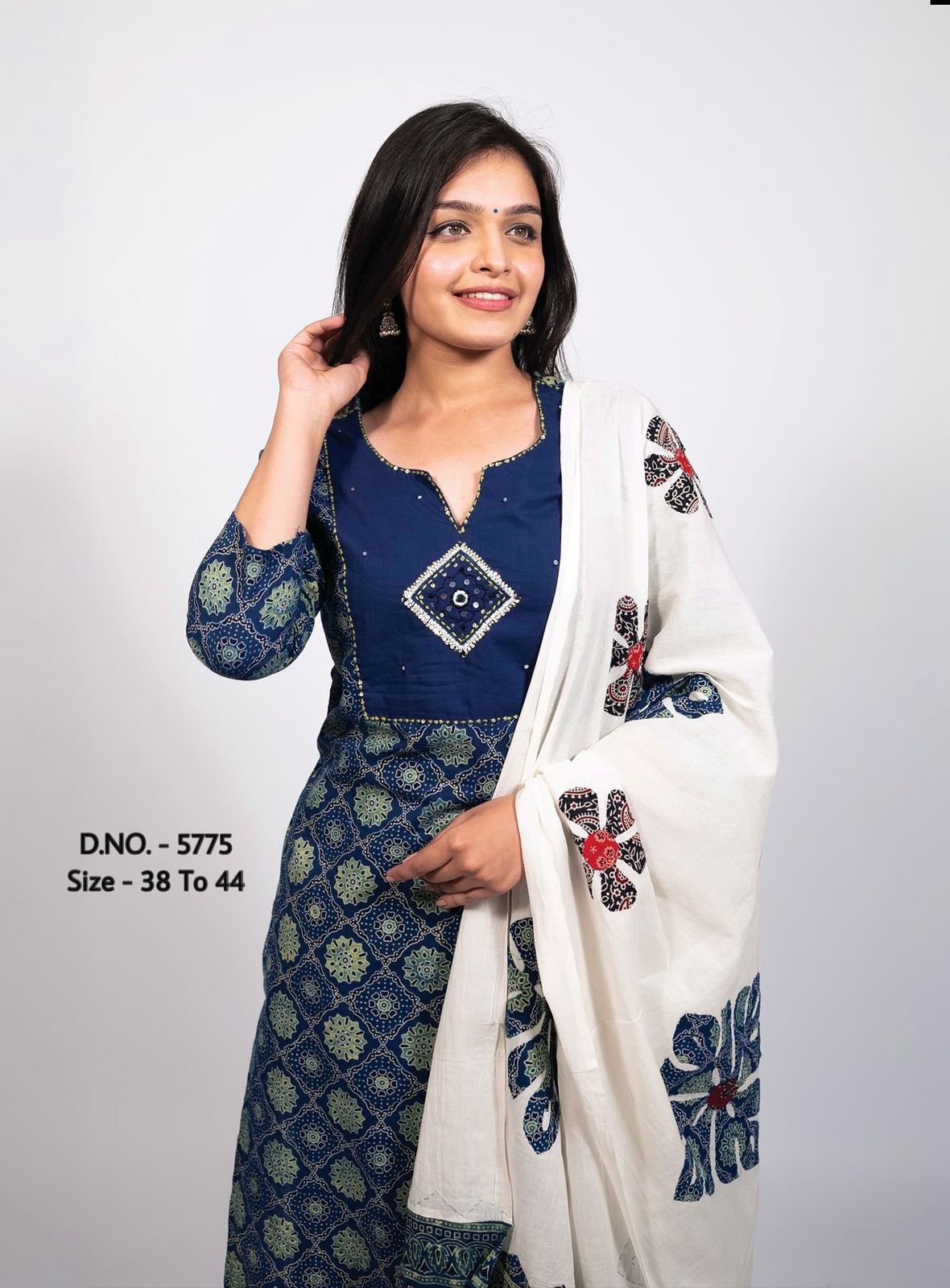 Bandhej Printed Cotton Cambric Embroidered Suit Set with Mulmul Dupatta