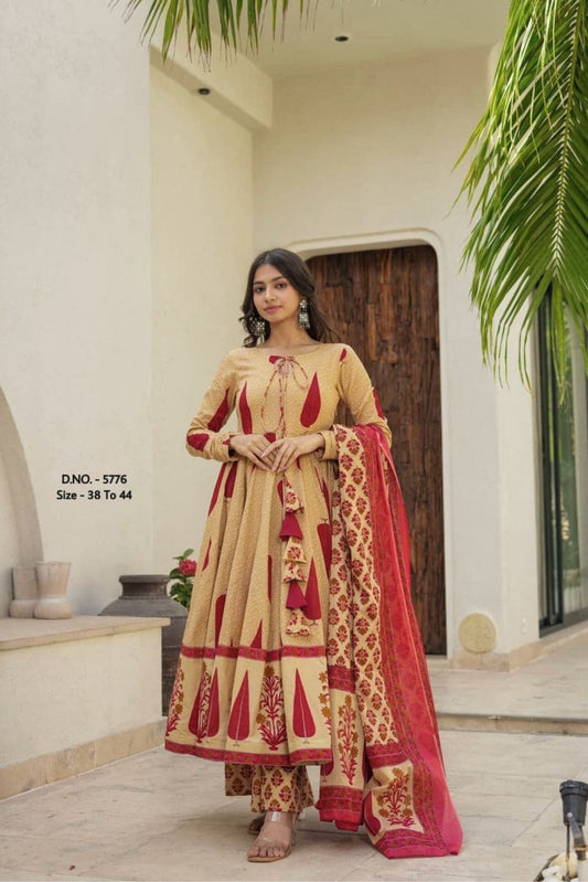 Flared Printed Cotton Cambric Suit Set with Dori & Tussels and Mulmul Dupatta