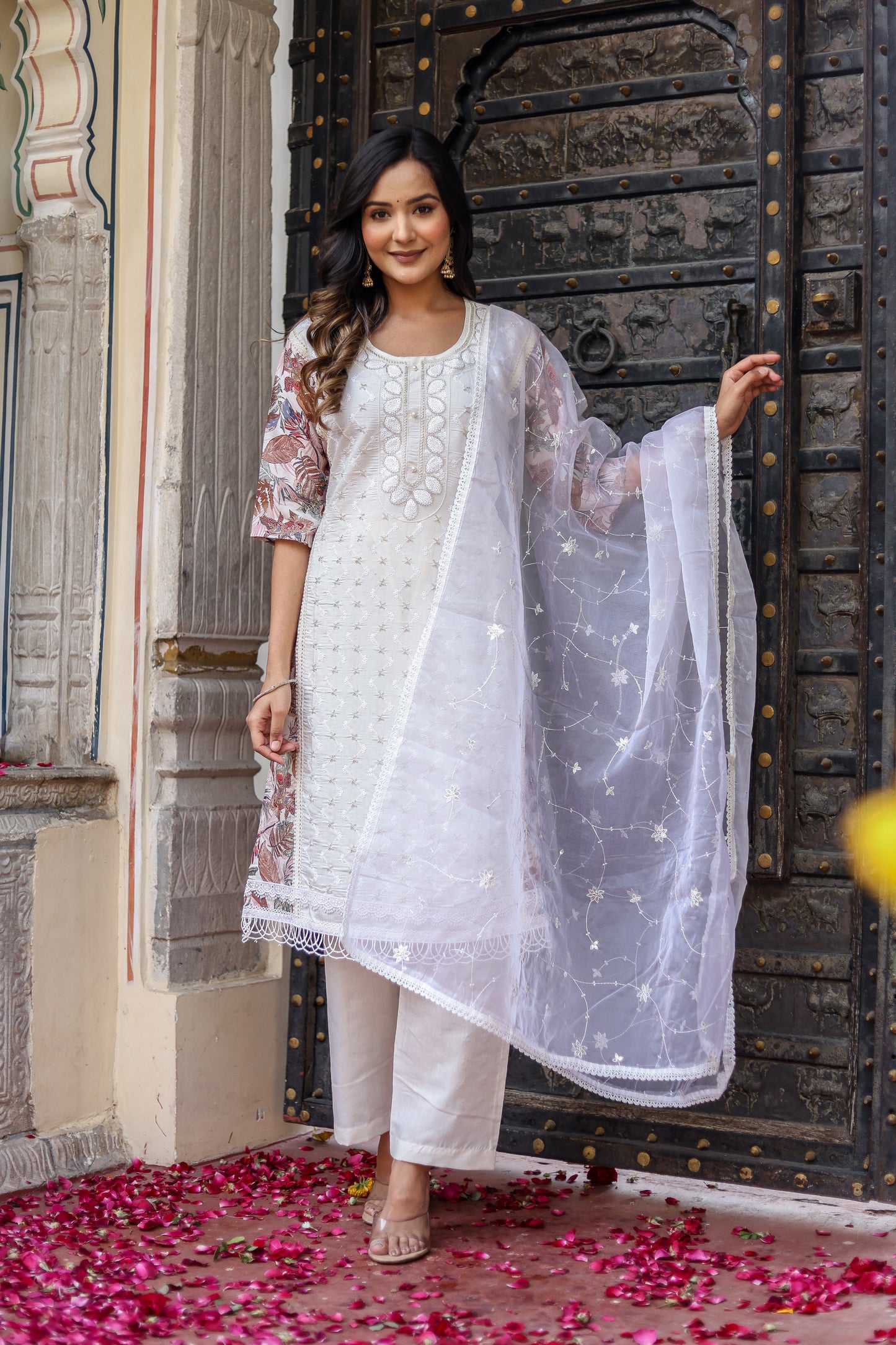 Elegant Roman Silk Kurti, Pant & Dupatta Set