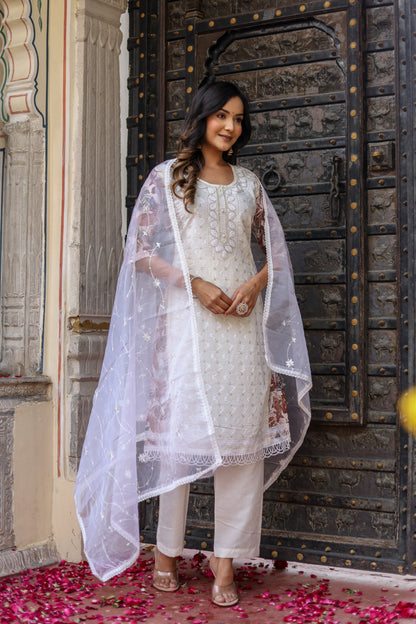 Elegant Roman Silk Kurti, Pant & Dupatta Set