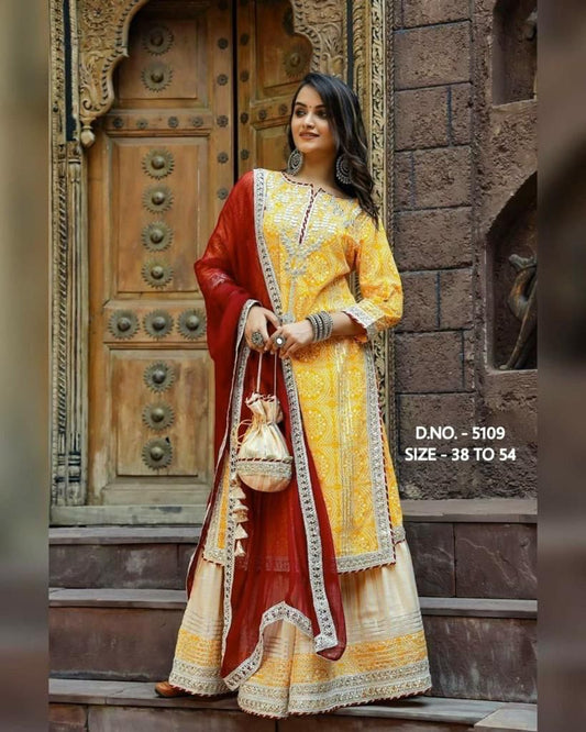 Pure Rayon Blend Fabric Kurta, Sharara, Dupatta And Bag Set.