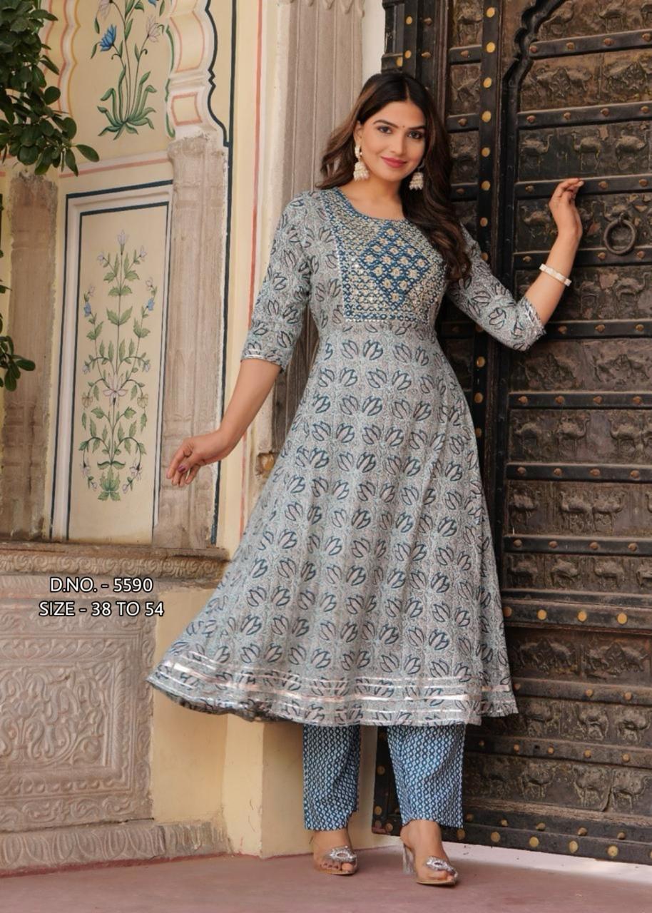 New Beautiful Pure Rayon Fabric Anarkali Suit Pattern Kurta And Pant Set.