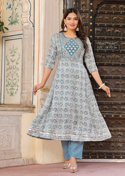 New Beautiful Pure Rayon Fabric Anarkali Suit Pattern Kurta And Pant Set.