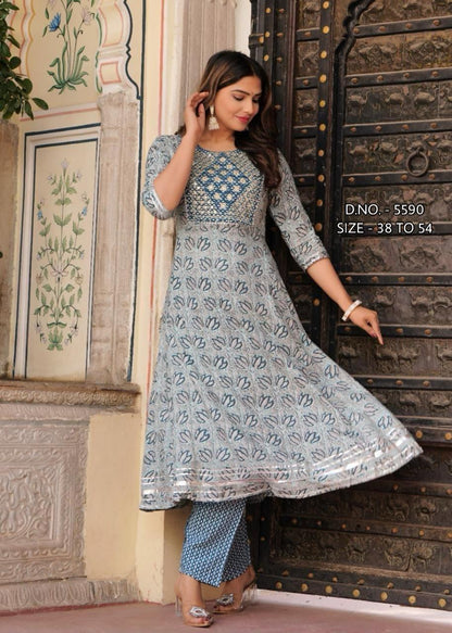 New Beautiful Pure Rayon Fabric Anarkali Suit Pattern Kurta And Pant Set.