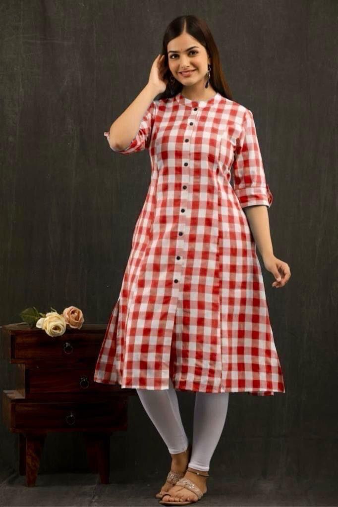 Pure South Cotton Fabric Checks Printed A - Line Kurta.