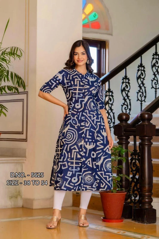 Heavy Rayon Printed A-Line Flared Long Kurti with Wooden Buttons