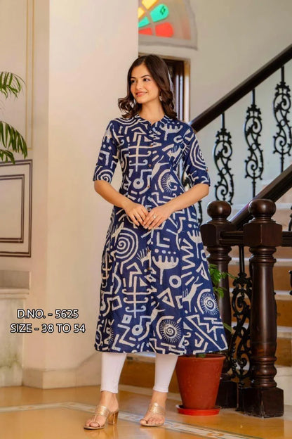 Heavy Rayon Printed A-Line Flared Long Kurti with Wooden Buttons