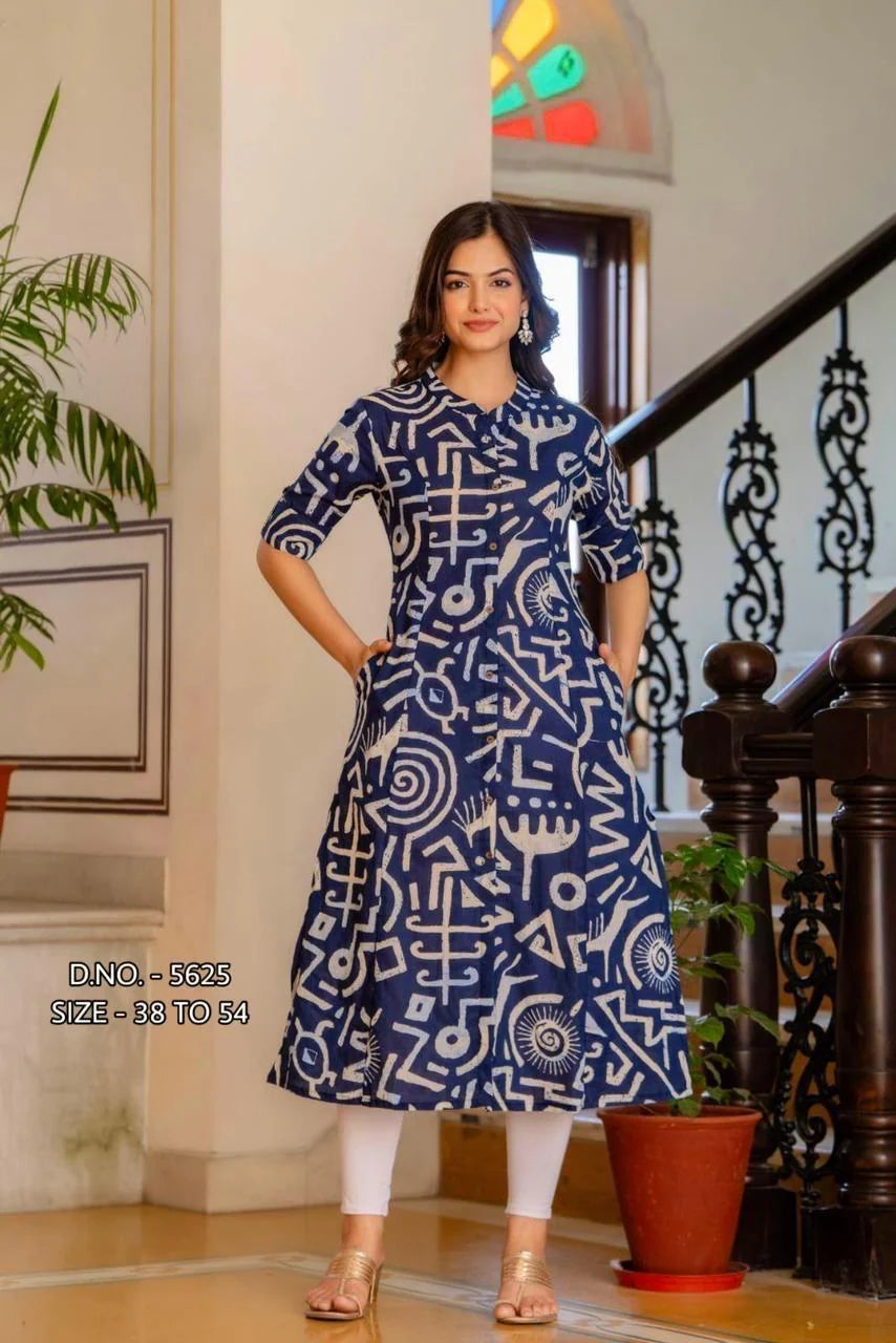 Heavy Rayon Printed A-Line Flared Long Kurti with Wooden Buttons