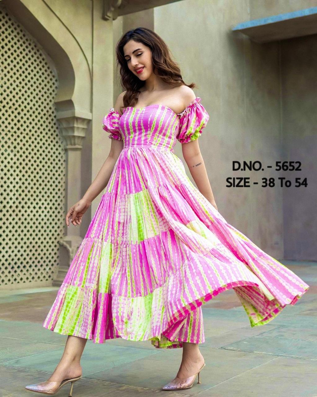 Heavy Mulmul Tie & Dye Long Gown Kurti with Frill Sleeves