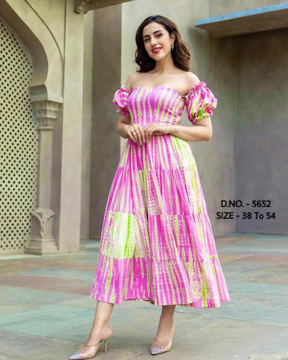 Heavy Mulmul Tie & Dye Long Gown Kurti with Frill Sleeves