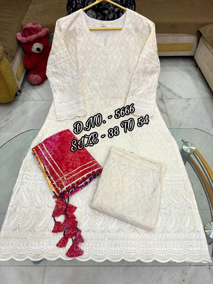 Stunning Heavy Chikankari Sequin Work Long Kurti Set with Mulmul Dupatta