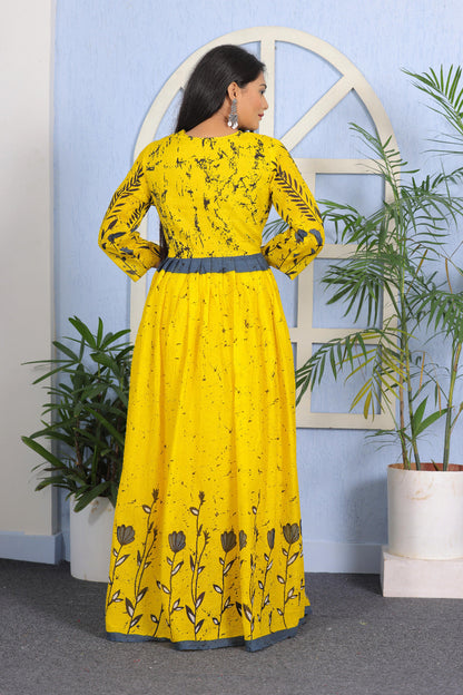 Vibrant Yellow & Blue Floral Printed A-Line Kurta