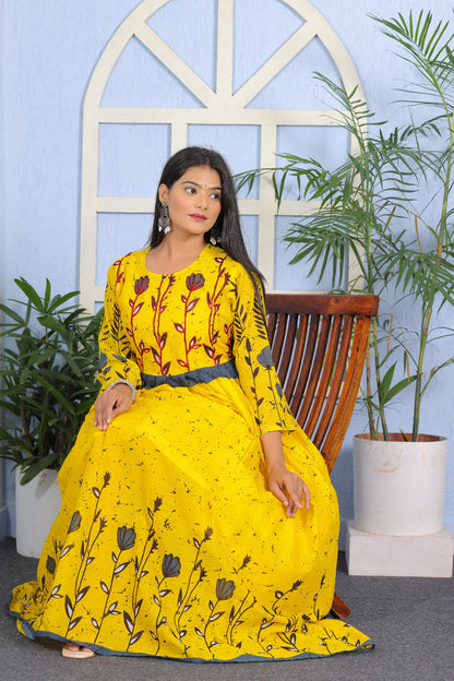 Vibrant Yellow & Blue Floral Printed A-Line Kurta