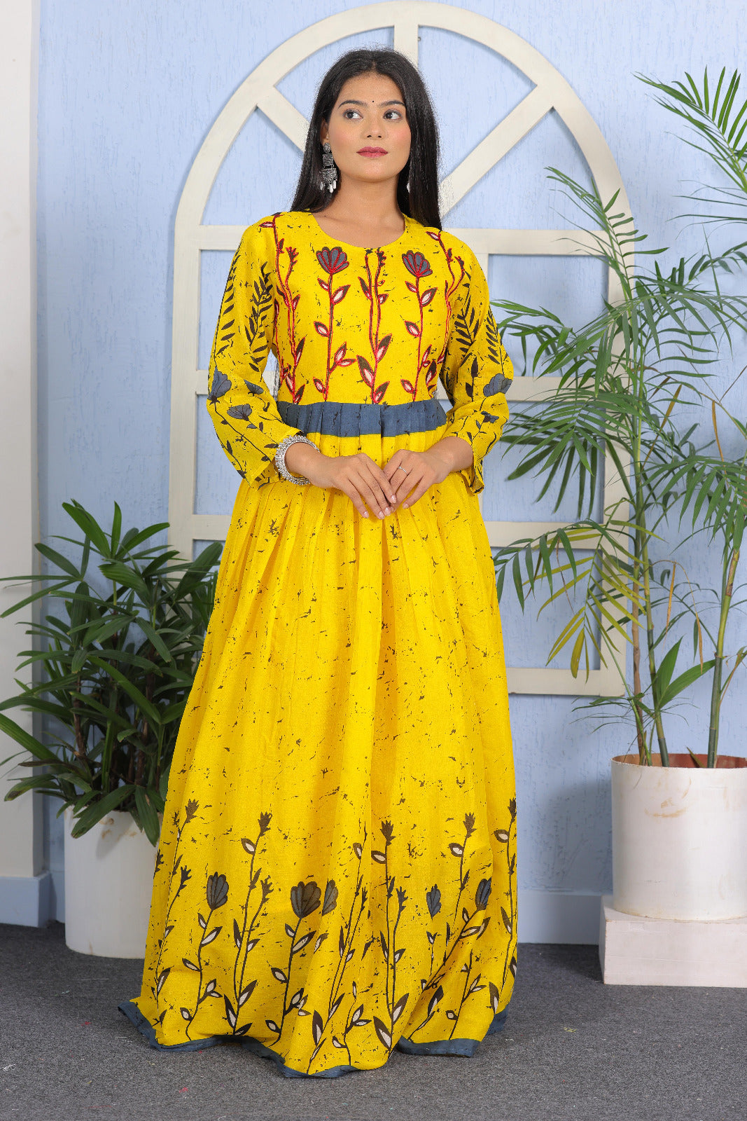 Vibrant Yellow & Blue Floral Printed A-Line Kurta