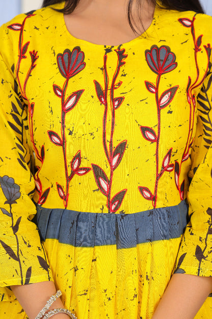 Vibrant Yellow & Blue Floral Printed A-Line Kurta