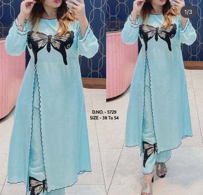Elegant Heavy Cotton Slub/Cotton Flex (Khadi) Aari Embroidered Long Kurti & Pant Cord Set
