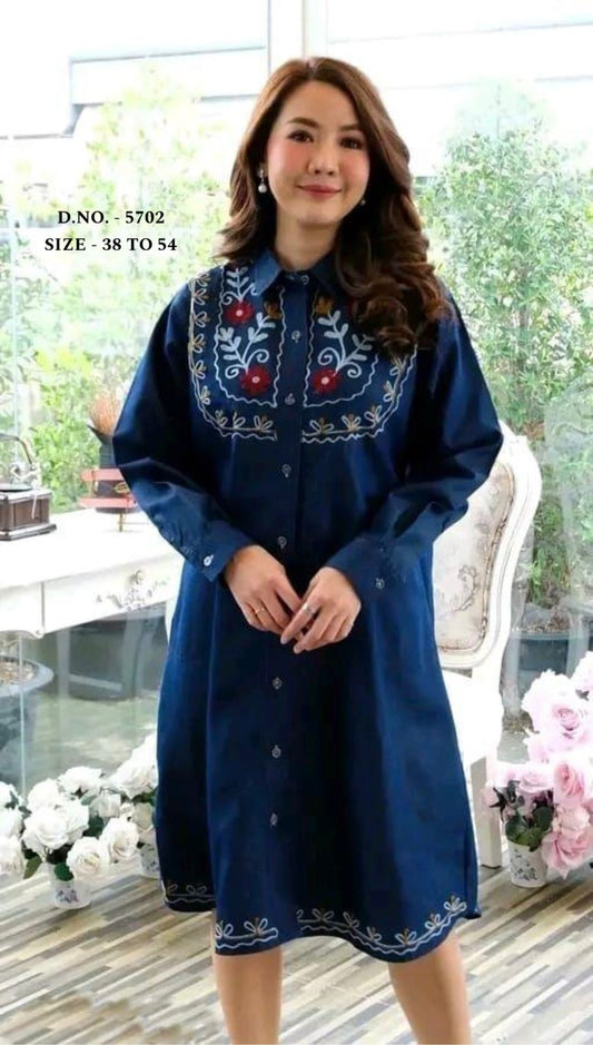 Beautiful Heavy Denim A-Line Kurti with Aari Embroidery & Pockets